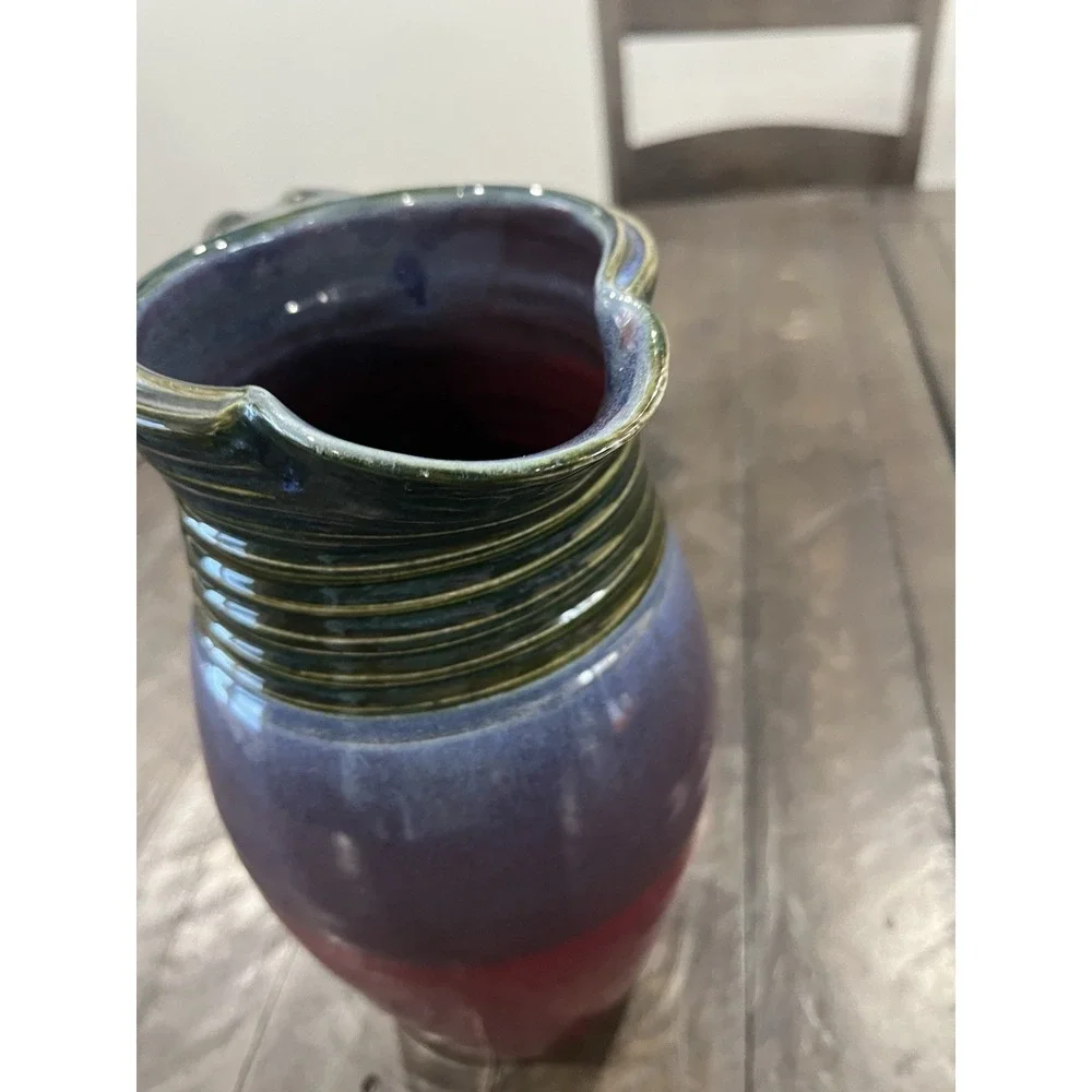 Vtg Pam Snyder Art Pottery Pitcher‎ Green Purple Maroon 9